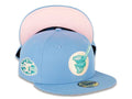 San Diego Padres New Era MLB 59FIFTY 5950 Fitted Cap Hat Sky Blue Crown/Visor Blue Wisteria/White “Friar” Logo 50th Anniversary Side Patch Pink UV