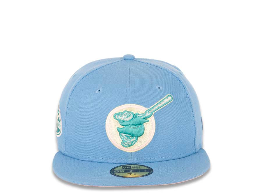 San Diego Padres New Era MLB 59FIFTY 5950 Fitted Cap Hat Sky Blue Crown/Visor Blue Wisteria/White “Friar” Logo 50th Anniversary Side Patch Pink UV