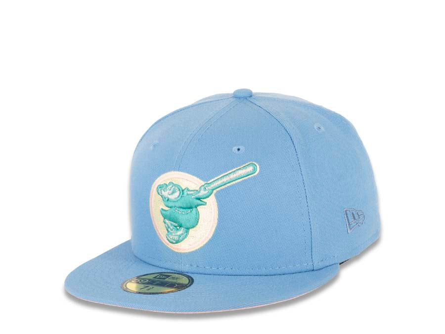 San Diego Padres New Era MLB 59FIFTY 5950 Fitted Cap Hat Sky Blue Crown/Visor Blue Wisteria/White “Friar” Logo 50th Anniversary Side Patch Pink UV
