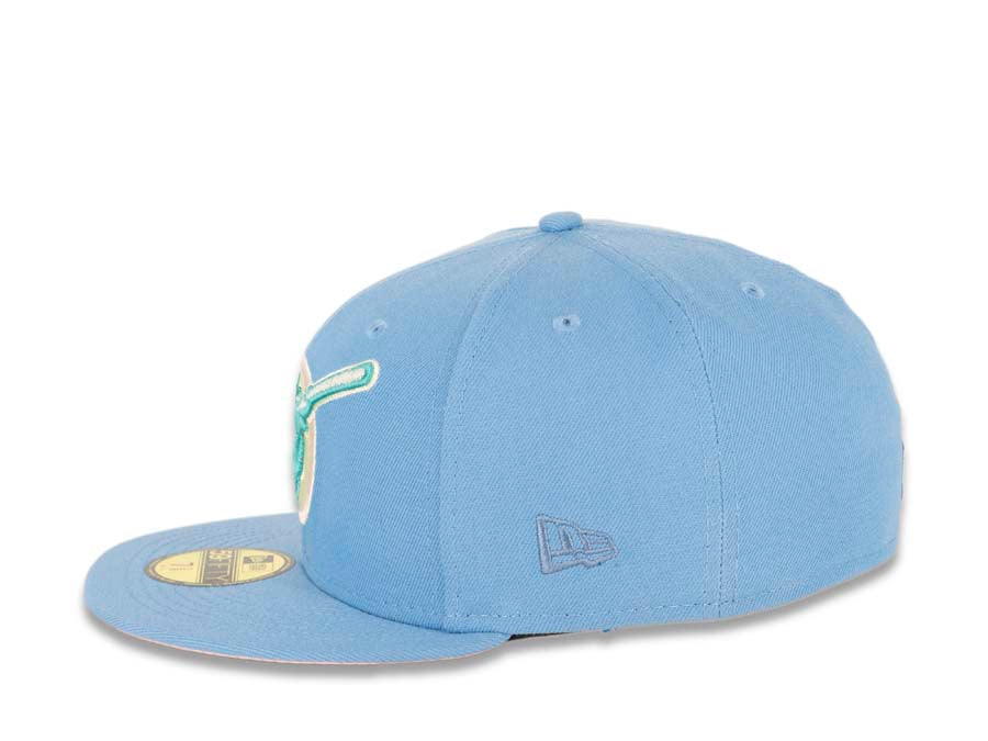 San Diego Padres New Era MLB 59FIFTY 5950 Fitted Cap Hat Sky Blue Crown/Visor Blue Wisteria/White “Friar” Logo 50th Anniversary Side Patch Pink UV