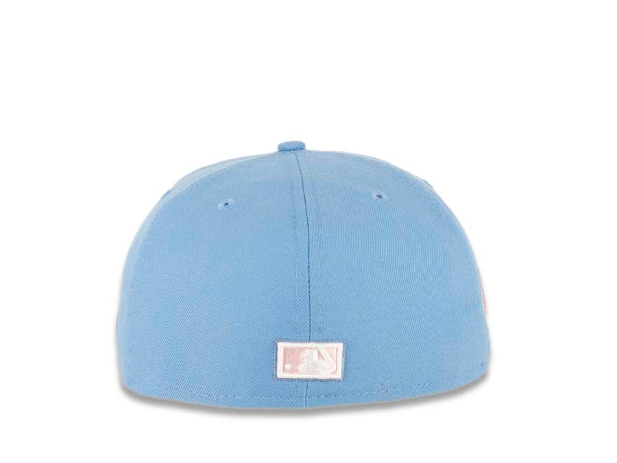 San Diego Padres New Era MLB 59FIFTY 5950 Fitted Cap Hat Sky Blue Crown/Visor Blue Wisteria/White “Friar” Logo 50th Anniversary Side Patch Pink UV