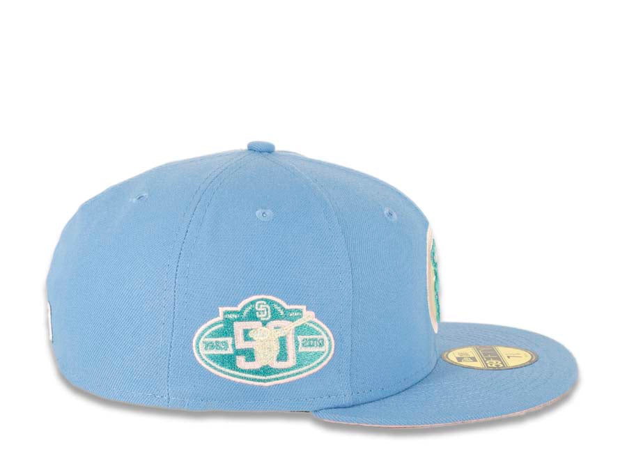 San Diego Padres New Era MLB 59FIFTY 5950 Fitted Cap Hat Sky Blue Crown/Visor Blue Wisteria/White “Friar” Logo 50th Anniversary Side Patch Pink UV