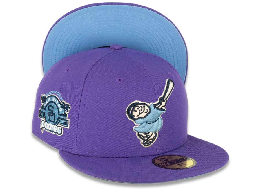 San Diego Padres New Era MLB 59FIFTY 5950 Fitted Cap Hat Varsity Purple Crown/Visor Sky Blue/Navy “Swinging Friar” Logo Stadium Side Patch