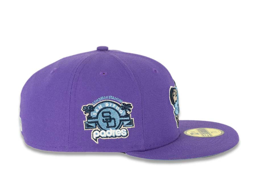 San Diego Padres New Era MLB 59FIFTY 5950 Fitted Cap Hat Varsity Purple Crown/Visor Sky Blue/Navy “Swinging Friar” Logo Stadium Side Patch