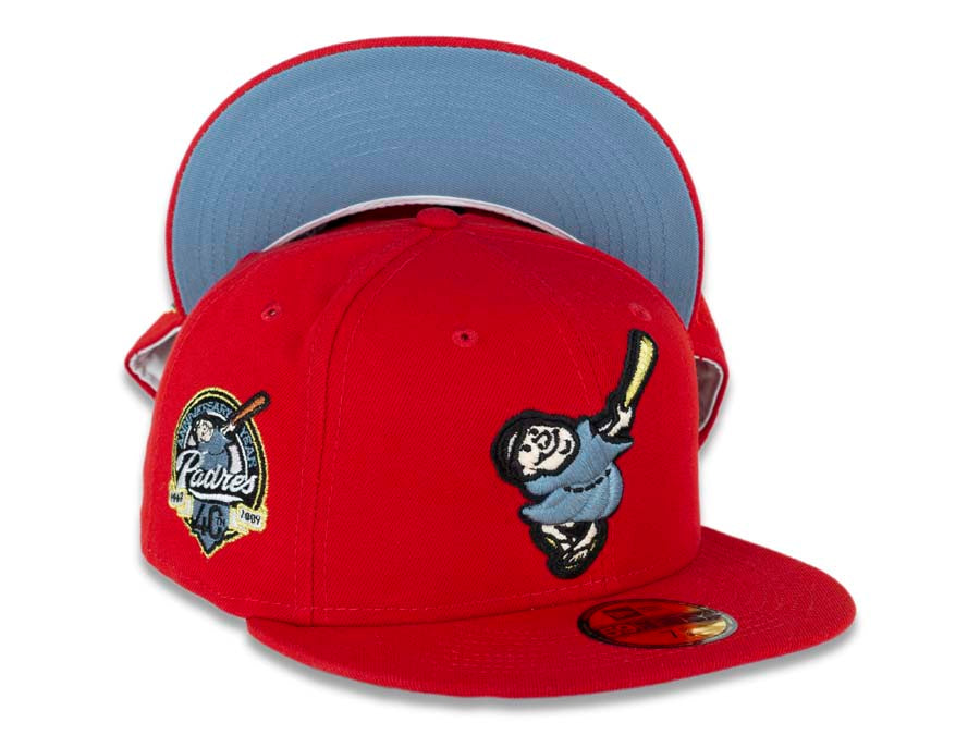 San Diego Padres New Era MLB 59FIFTY 5950 Fitted Cap Hat Red Crown/Visor Sky Blue/Metallic Gold Swinging Friar Logo 40th Anniversary Side Patch