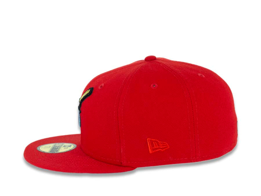 San Diego Padres New Era MLB 59FIFTY 5950 Fitted Cap Hat Red Crown/Visor Sky Blue/Metallic Gold Swinging Friar Logo 40th Anniversary Side Patch