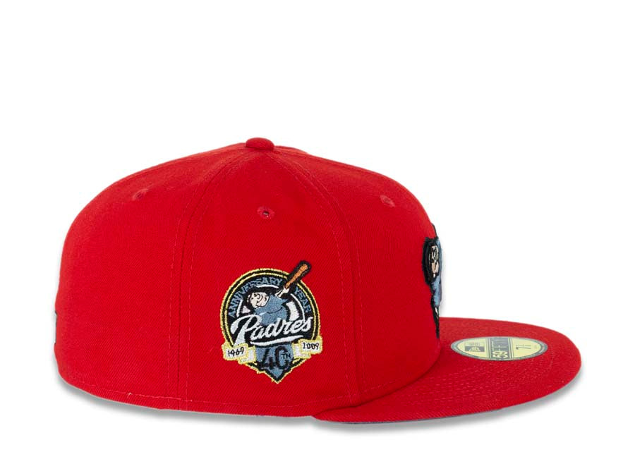 San Diego Padres New Era MLB 59FIFTY 5950 Fitted Cap Hat Red Crown/Visor Sky Blue/Metallic Gold Swinging Friar Logo 40th Anniversary Side Patch