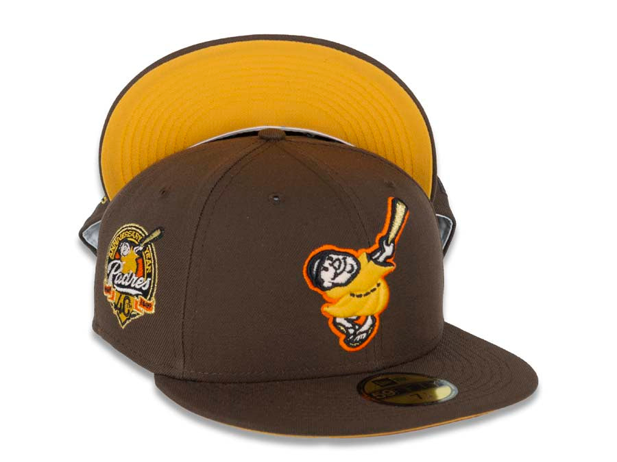 San Diego Padres New Era MLB 59FIFTY 5950 Fitted Cap Hat Brown Crown/Visor Yellow/Orange “Swinging Friar” Logo 40th Anniversary Side Patch
