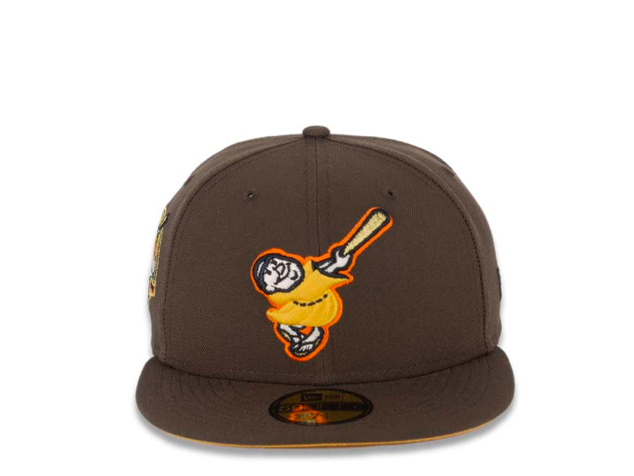 San Diego Padres New Era MLB 59FIFTY 5950 Fitted Cap Hat Brown Crown/Visor Yellow/Orange “Swinging Friar” Logo 40th Anniversary Side Patch