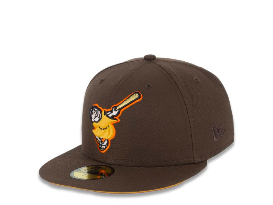 San Diego Padres New Era MLB 59FIFTY 5950 Fitted Cap Hat Brown Crown/Visor Yellow/Orange “Swinging Friar” Logo 40th Anniversary Side Patch