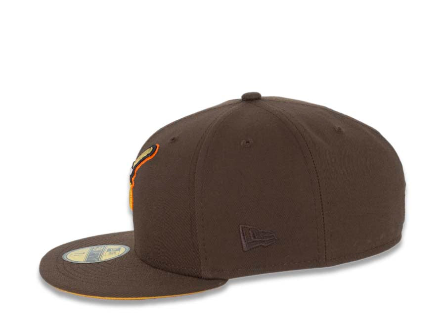 San Diego Padres New Era MLB 59FIFTY 5950 Fitted Cap Hat Brown Crown/Visor Yellow/Orange “Swinging Friar” Logo 40th Anniversary Side Patch