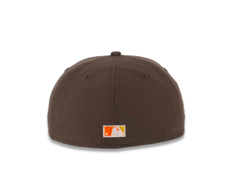 San Diego Padres New Era MLB 59FIFTY 5950 Fitted Cap Hat Brown Crown/Visor Yellow/Orange “Swinging Friar” Logo 40th Anniversary Side Patch