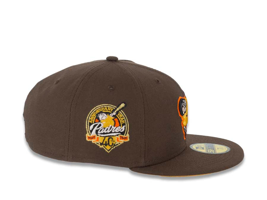San Diego Padres New Era MLB 59FIFTY 5950 Fitted Cap Hat Brown Crown/Visor Yellow/Orange “Swinging Friar” Logo 40th Anniversary Side Patch