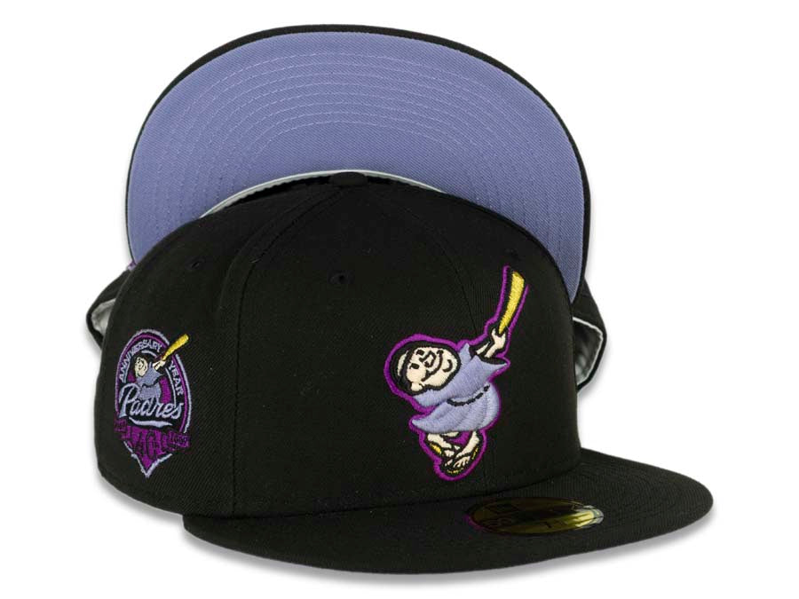 San Diego Padres New Era MLB 59FIFTY 5950 Fitted Cap Hat Black Crown/Visor Purple/Metallic Gold Swinging Friar Logo 40th Anniversary Side Patch