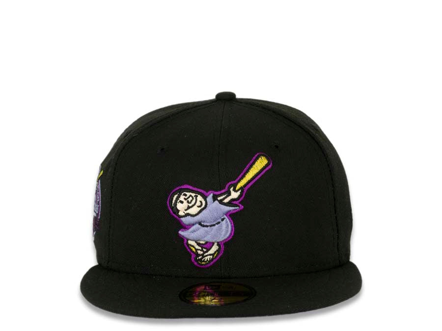 San Diego Padres New Era MLB 59FIFTY 5950 Fitted Cap Hat Black Crown/Visor Purple/Metallic Gold Swinging Friar Logo 40th Anniversary Side Patch