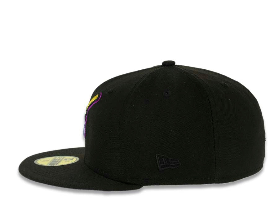 San Diego Padres New Era MLB 59FIFTY 5950 Fitted Cap Hat Black Crown/Visor Purple/Metallic Gold Swinging Friar Logo 40th Anniversary Side Patch