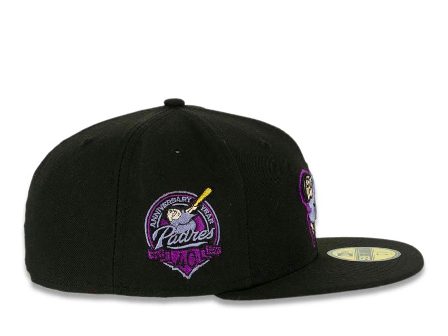 San Diego Padres New Era MLB 59FIFTY 5950 Fitted Cap Hat Black Crown/Visor Purple/Metallic Gold Swinging Friar Logo 40th Anniversary Side Patch