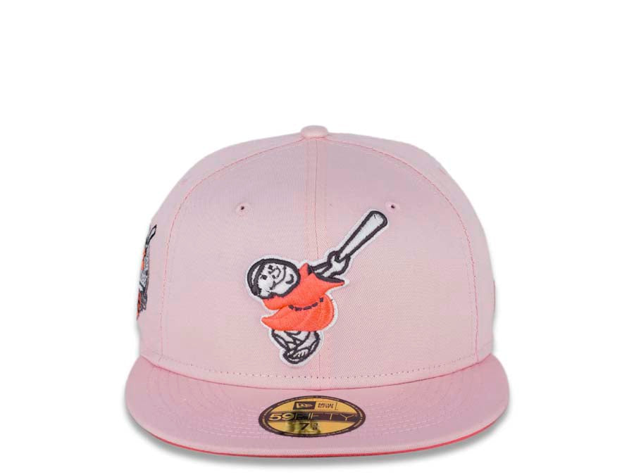 San Diego Padres New Era MLB 59FIFTY 5950 Fitted Cap Hat Pink Crown/Visor Pink Glow/White “Swinging Friar” Logo 40th Anniversary Side Patch Pink UV