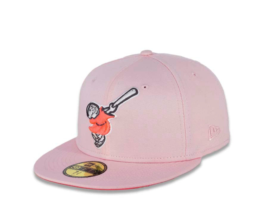San Diego Padres New Era MLB 59FIFTY 5950 Fitted Cap Hat Pink Crown/Visor Pink Glow/White “Swinging Friar” Logo 40th Anniversary Side Patch Pink UV