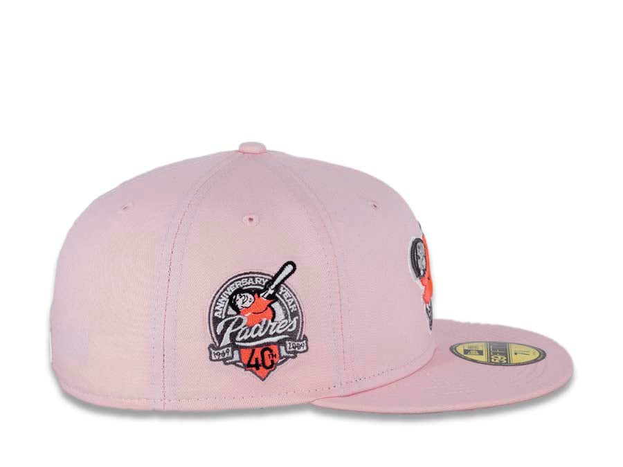 San Diego Padres New Era MLB 59FIFTY 5950 Fitted Cap Hat Pink Crown/Visor Pink Glow/White “Swinging Friar” Logo 40th Anniversary Side Patch Pink UV