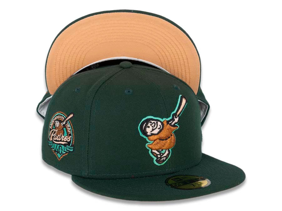 San Diego Padres New Era MLB 59FIFTY 5950 Fitted Cap Hat Dark Green Crown/Visor Metallic Copper/Peach Friar Logo 40th Anniversary Side Patch Peach UV