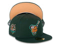San Diego Padres New Era MLB 59FIFTY 5950 Fitted Cap Hat Dark Green Crown/Visor Metallic Copper/Peach Friar Logo 40th Anniversary Side Patch Peach UV