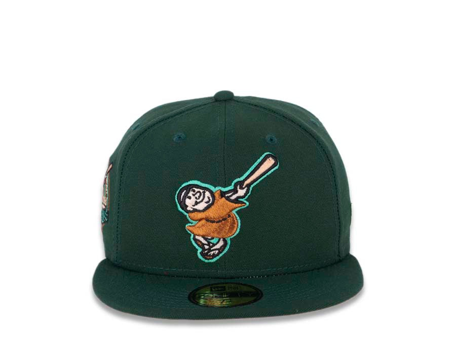 San Diego Padres New Era MLB 59FIFTY 5950 Fitted Cap Hat Dark Green Crown/Visor Metallic Copper/Peach Friar Logo 40th Anniversary Side Patch Peach UV