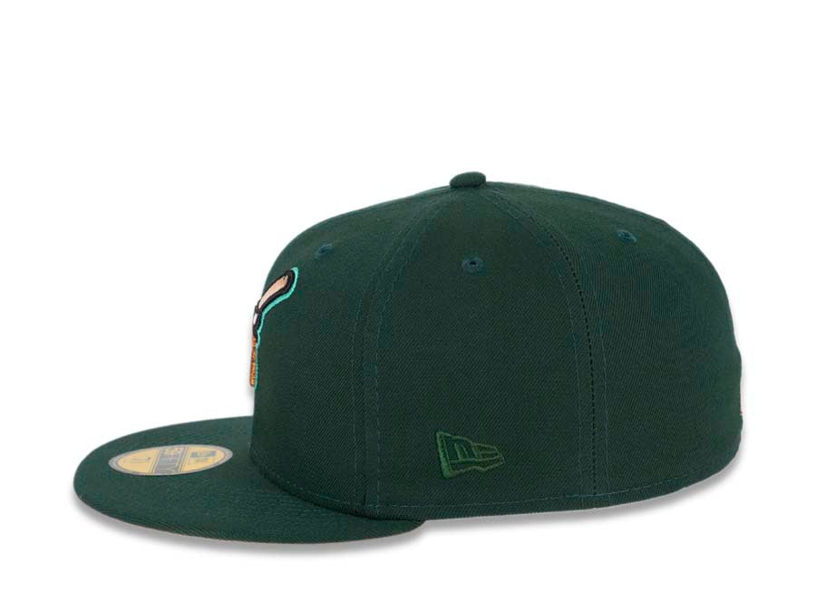 San Diego Padres New Era MLB 59FIFTY 5950 Fitted Cap Hat Dark Green Crown/Visor Metallic Copper/Peach Friar Logo 40th Anniversary Side Patch Peach UV