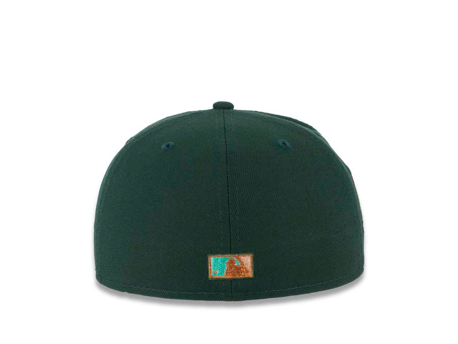 San Diego Padres New Era MLB 59FIFTY 5950 Fitted Cap Hat Dark Green Crown/Visor Metallic Copper/Peach Friar Logo 40th Anniversary Side Patch Peach UV