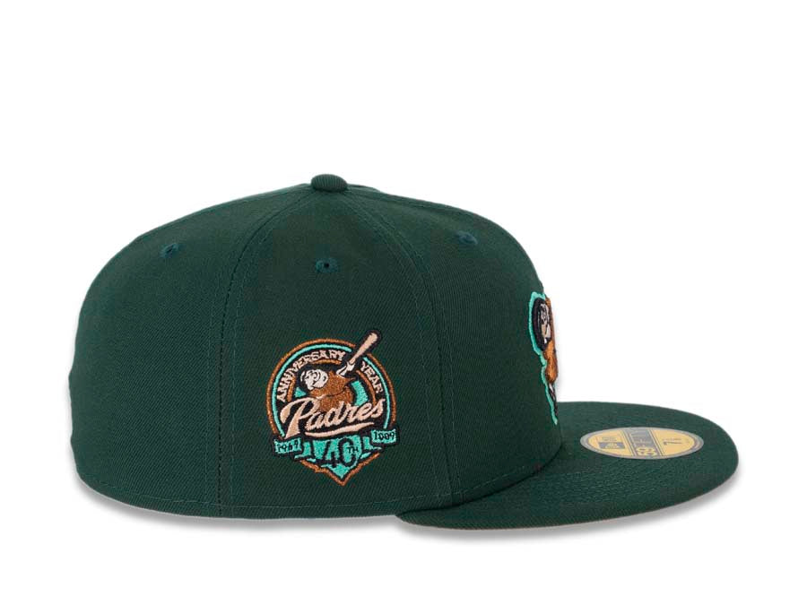 San Diego Padres New Era MLB 59FIFTY 5950 Fitted Cap Hat Dark Green Crown/Visor Metallic Copper/Peach Friar Logo 40th Anniversary Side Patch Peach UV