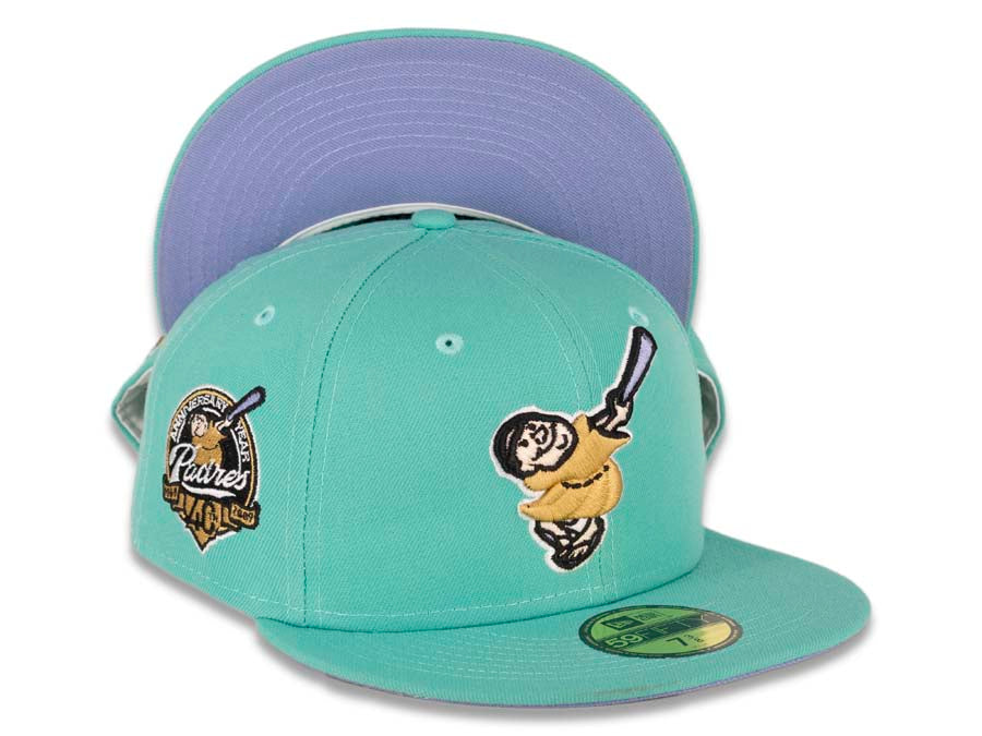 San Diego Padres New Era MLB 59FIFTY 5950 Fitted Cap Hat Clear Mint Crown/Visor Bronze “Swinging Friar” Logo 40th Anniversary Side Patch Sky