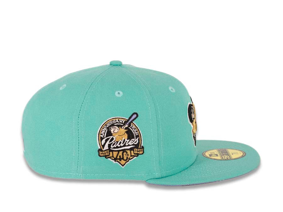 San Diego Padres New Era MLB 59FIFTY 5950 Fitted Cap Hat Clear Mint Crown/Visor Bronze “Swinging Friar” Logo 40th Anniversary Side Patch Sky
