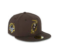 San Diego Padres New Era MLB 59FIFTY 5950 Fitted Cap Hat Brown Crown/Visor Brown/Yellow Catching Friar Logo 40th Anniversary Side Patch Green UV