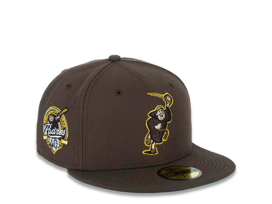 San Diego Padres New Era MLB 59FIFTY 5950 Fitted Cap Hat Brown Crown/Visor Brown/Yellow Catching Friar Logo 40th Anniversary Side Patch Green UV