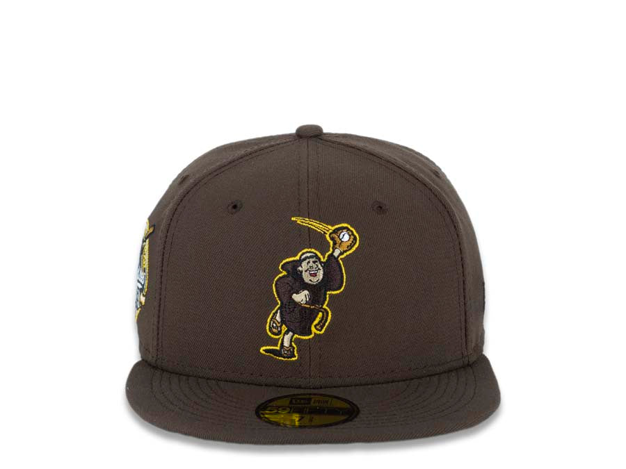 San Diego Padres New Era MLB 59FIFTY 5950 Fitted Cap Hat Brown Crown/Visor Brown/Yellow Catching Friar Logo 40th Anniversary Side Patch Green UV