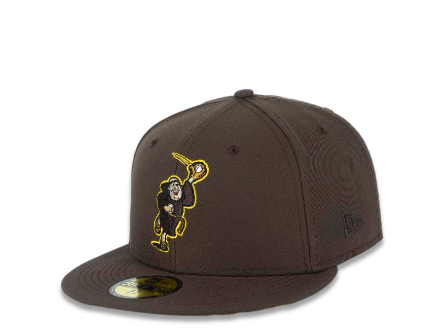 San Diego Padres New Era MLB 59FIFTY 5950 Fitted Cap Hat Brown Crown/Visor Brown/Yellow Catching Friar Logo 40th Anniversary Side Patch Green UV