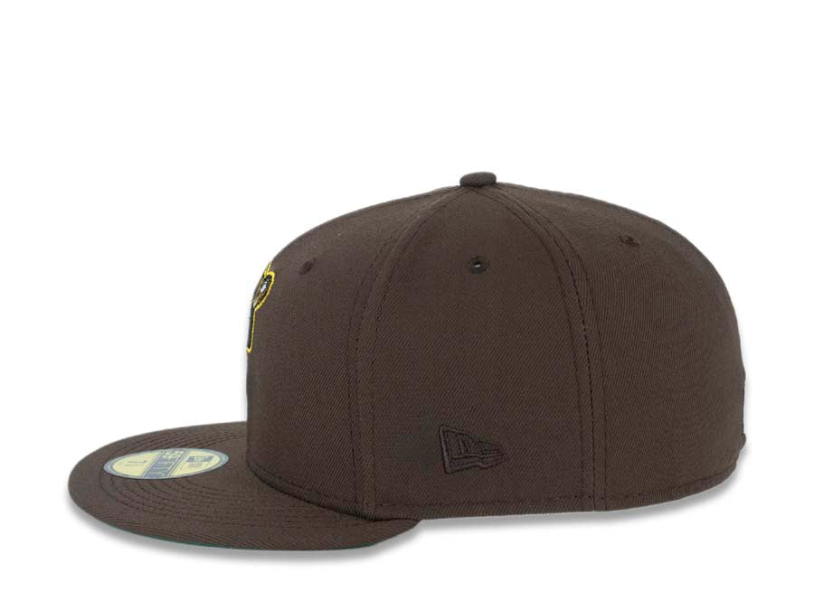 San Diego Padres New Era MLB 59FIFTY 5950 Fitted Cap Hat Brown Crown/Visor Brown/Yellow Catching Friar Logo 40th Anniversary Side Patch Green UV