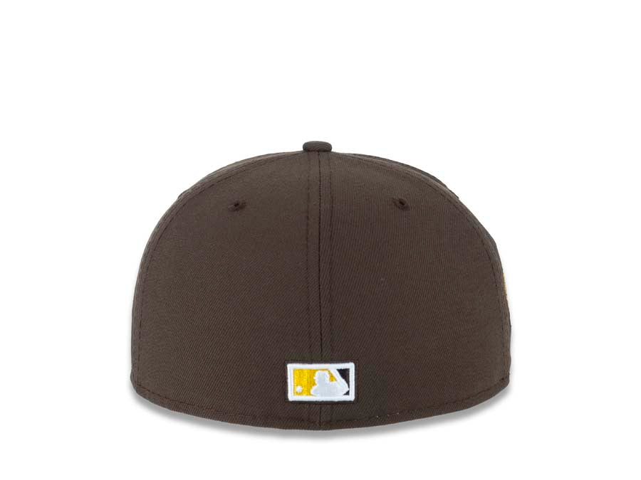 San Diego Padres New Era MLB 59FIFTY 5950 Fitted Cap Hat Brown Crown/Visor Brown/Yellow Catching Friar Logo 40th Anniversary Side Patch Green UV