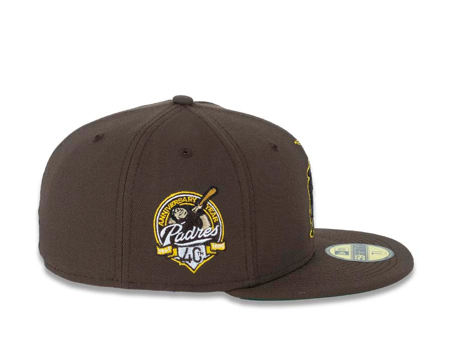 San Diego Padres New Era MLB 59FIFTY 5950 Fitted Cap Hat Brown Crown/Visor Brown/Yellow Catching Friar Logo 40th Anniversary Side Patch Green UV