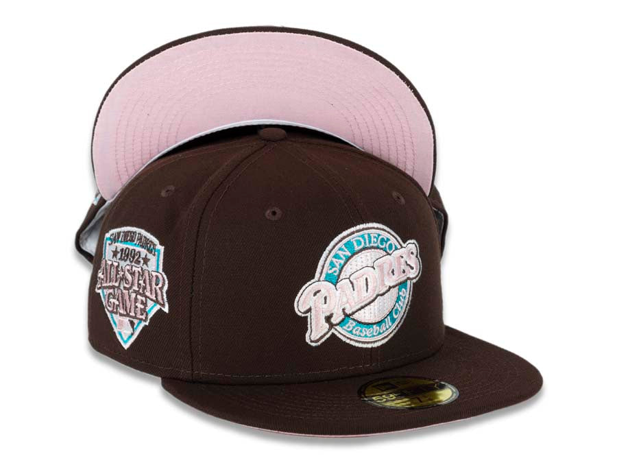 San Diego Padres New Era MLB 59FIFTY 5950 Fitted Cap Hat Dark Brown Crown/Visor Pink/Teal Baseball Club Retro Logo 2016 All-Star Game Side Patch