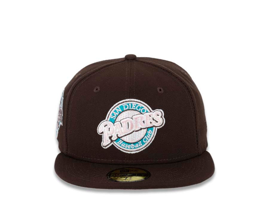 San Diego Padres New Era MLB 59FIFTY 5950 Fitted Cap Hat Dark Brown Crown/Visor Pink/Teal Baseball Club Retro Logo 2016 All-Star Game Side Patch