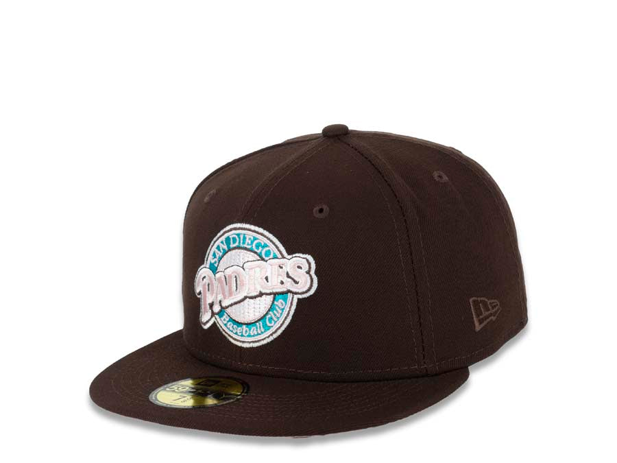 San Diego Padres New Era MLB 59FIFTY 5950 Fitted Cap Hat Dark Brown Crown/Visor Pink/Teal Baseball Club Retro Logo 2016 All-Star Game Side Patch