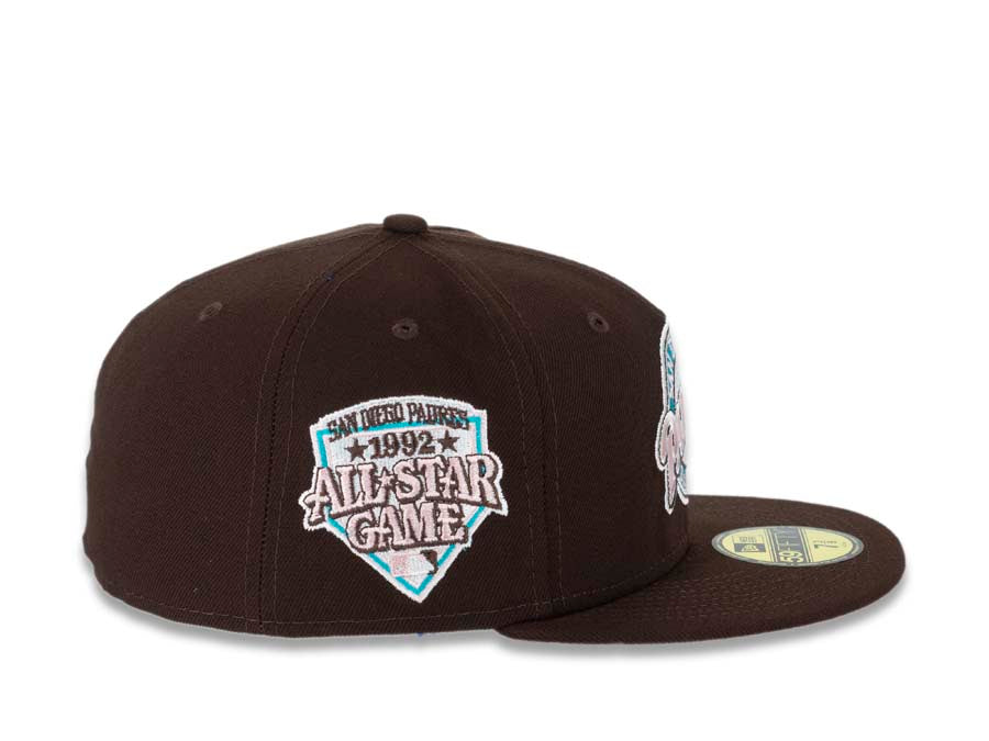 San Diego Padres New Era MLB 59FIFTY 5950 Fitted Cap Hat Dark Brown Crown/Visor Pink/Teal Baseball Club Retro Logo 2016 All-Star Game Side Patch