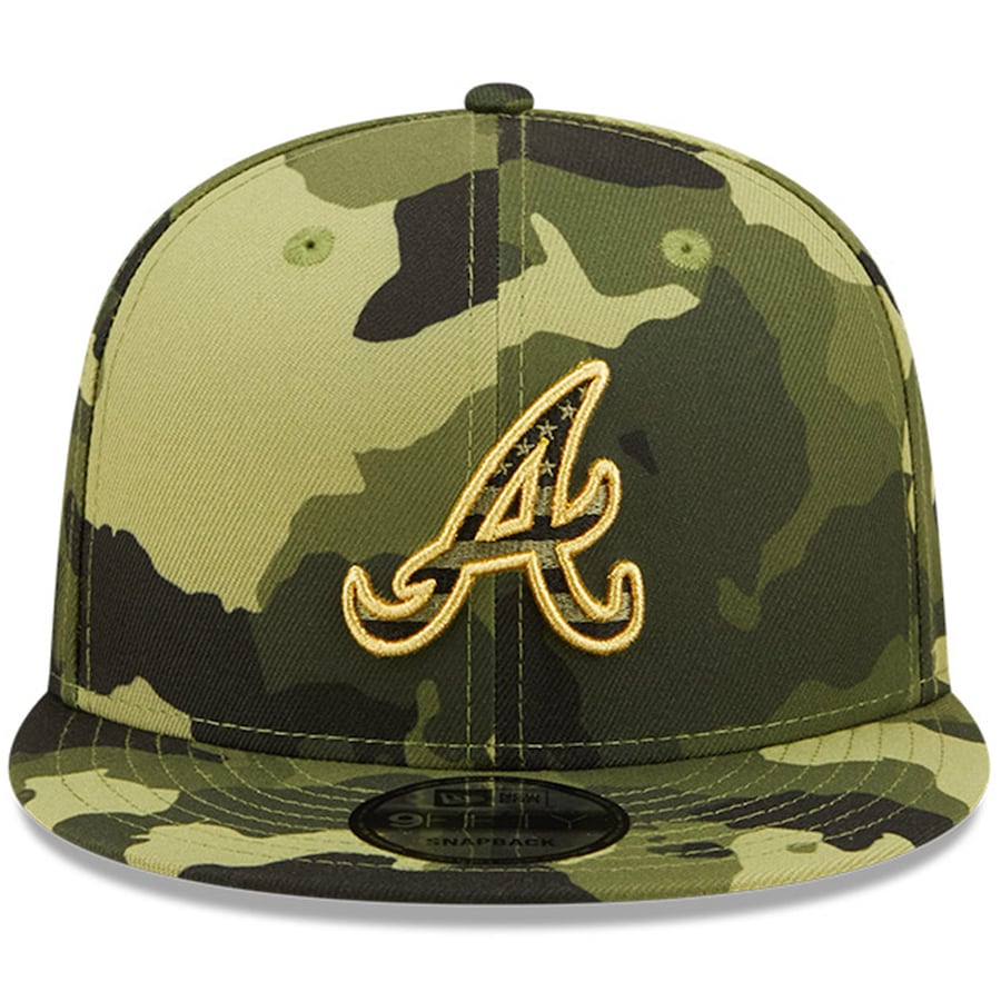 Atlanta Braves New Era MLB 9FIFTY 950 Snapback Cap Hat Camo Crown/Visor Camo Flag/Gold Logo (2022 Armed Forces Day)