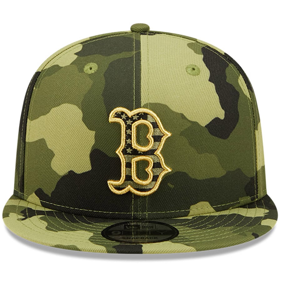 Boston Red Sox New Era MLB 9FIFTY 950 Snapback Cap Hat Camo Crown/Visor Camo Flag/Gold Logo (2022 Armed Forces Day)