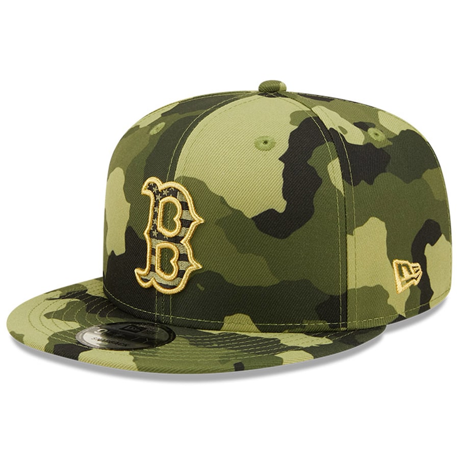 Boston Red Sox New Era MLB 9FIFTY 950 Snapback Cap Hat Camo Crown/Visor Camo Flag/Gold Logo (2022 Armed Forces Day)