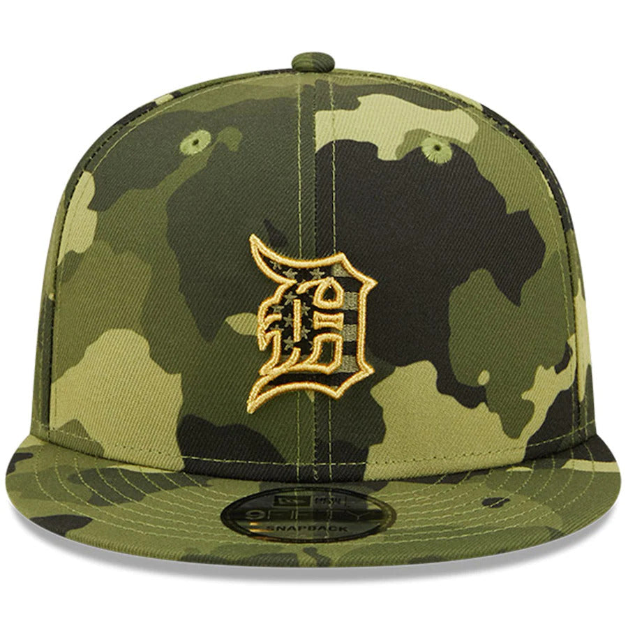 Detroit Tigers New Era MLB 9FIFTY 950 Snapback Cap Hat Camo Crown/Visor Camo Flag/Gold Logo (2022 Armed Forces Day)