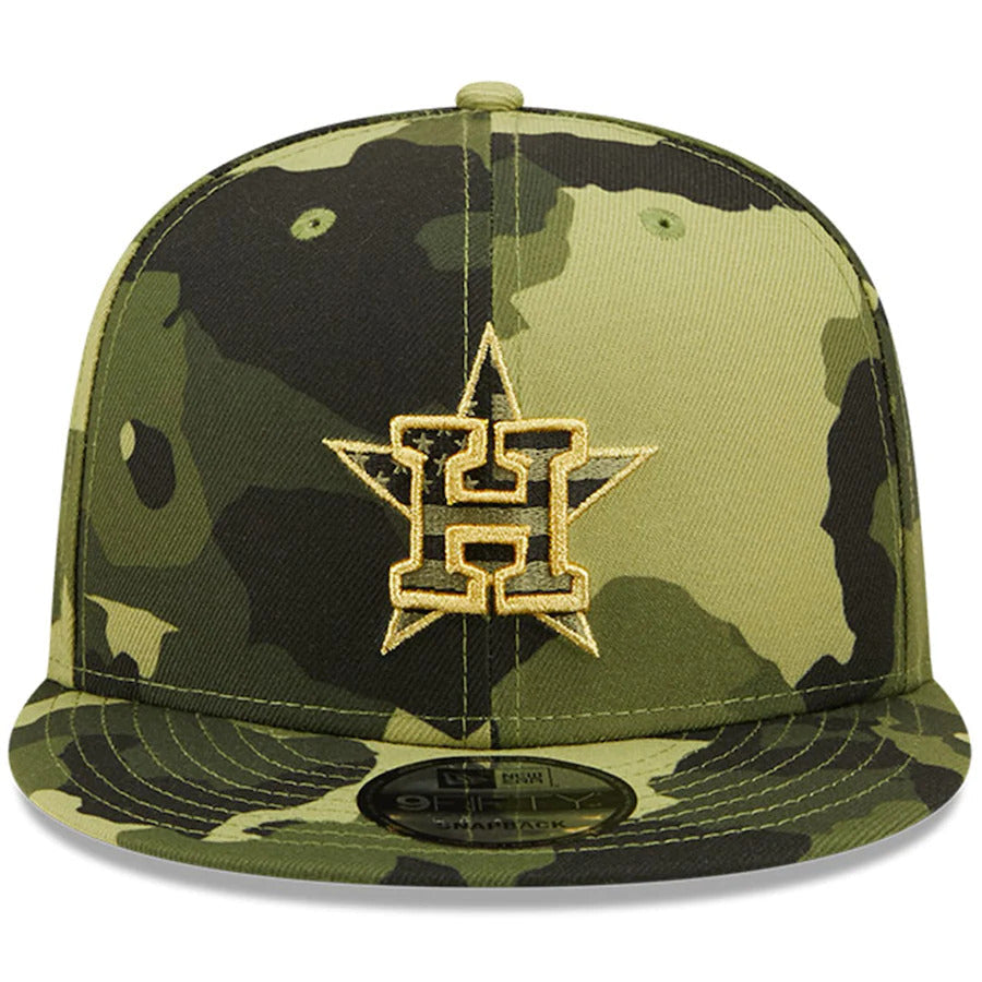 Houston Astros New Era MLB 9FIFTY 950 Snapback Cap Hat Camo Crown/Visor Camo Flag/Gold Logo (2022 Armed Forces Day)