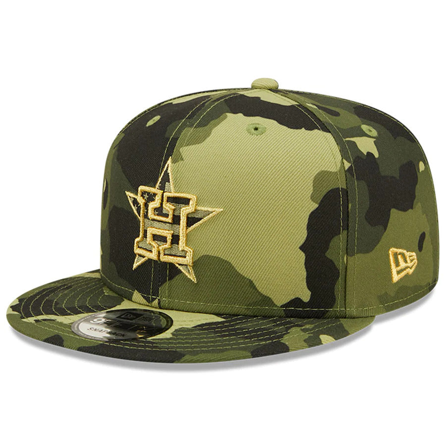 Houston Astros New Era MLB 9FIFTY 950 Snapback Cap Hat Camo Crown/Visor Camo Flag/Gold Logo (2022 Armed Forces Day)