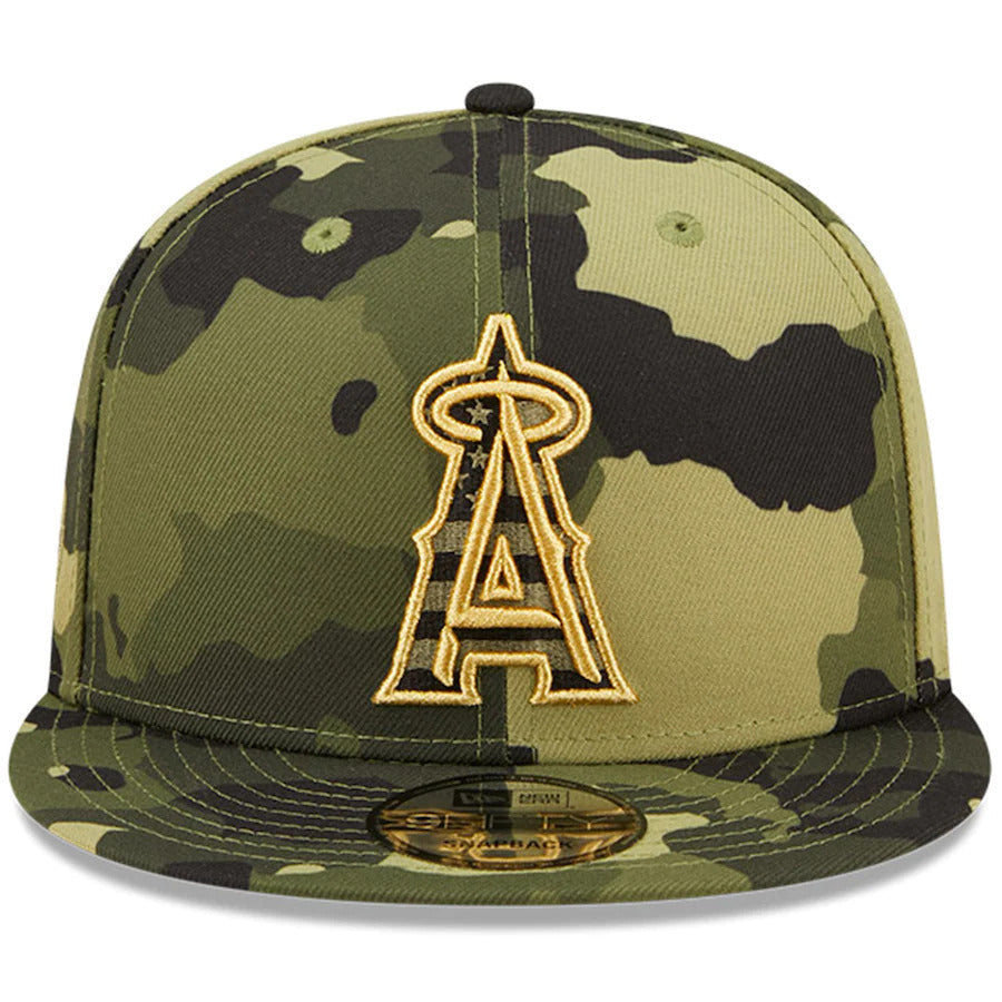 Los Angeles Anaheim Angels New Era MLB 9FIFTY 950 Snapback Cap Hat Camo Crown/Visor Camo Flag/Gold Logo (2022 Armed Forces Day)